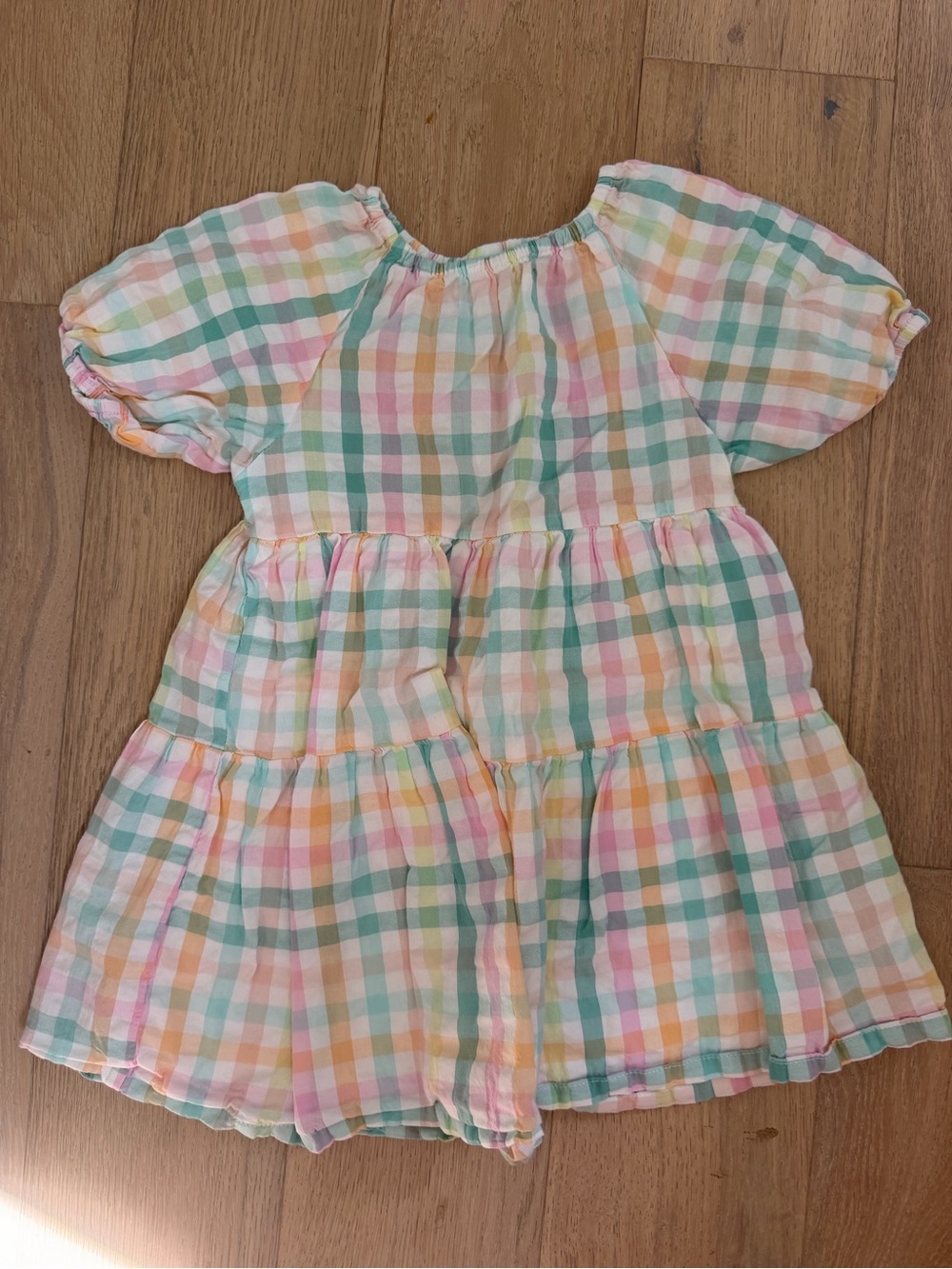Wonder Nation Pastel Rainbow Gingham Tiered Puff Sleeve Dress Sz 4T